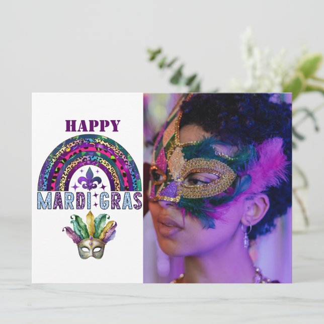 Mardi Gras Rainbow and Mask Card Karte (Stehend Vorderseite)