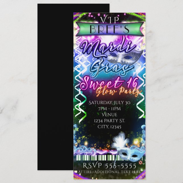 Mardi Gras Rainbow Glow VIP SWEET 16 Party Ticket Einladung (Vorne/Hinten)