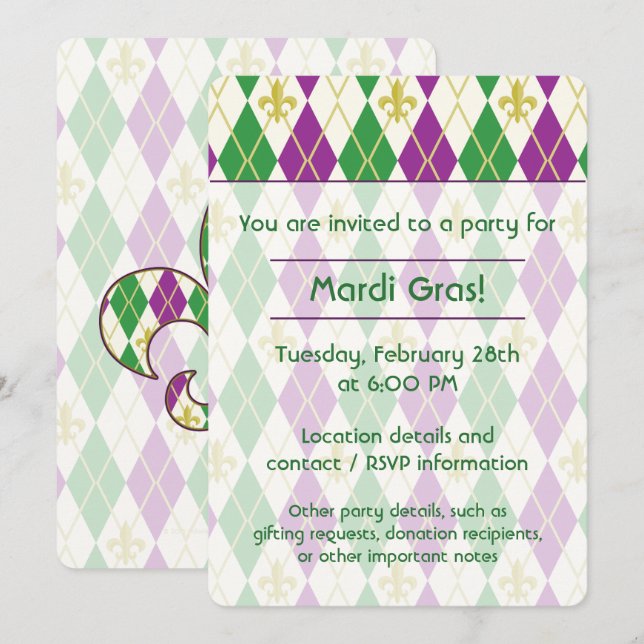 Mardi Gras Raute Party Einladung (Vorne/Hinten)