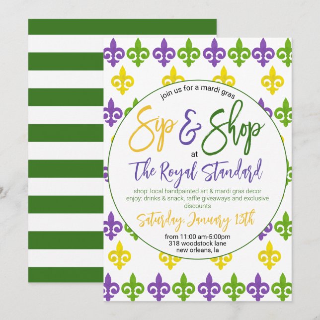 Mardi Gras Sip n Shop Invitation (Devant / Derrière)