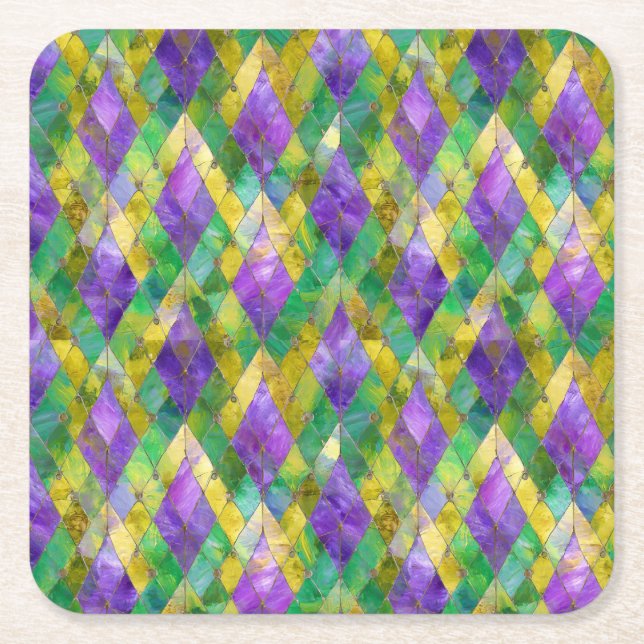 Mardi Gras Stainglas Harlequin Print Rechteckiger Pappuntersetzer (Vorderseite)