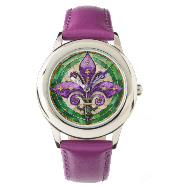 Mardi Gras Stains Glass Lilie Armbanduhr (Vorderseite)
