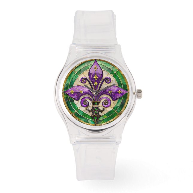 Mardi Gras Stains Glass Lilie Armbanduhr (Vorderseite)