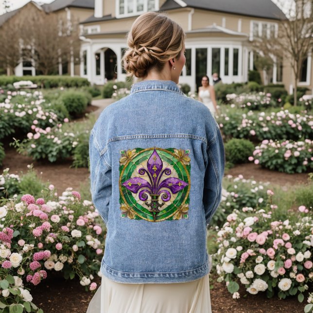 Mardi Gras Stains Glass Lilie Jeansjacke (Hochzeit Rückseite)