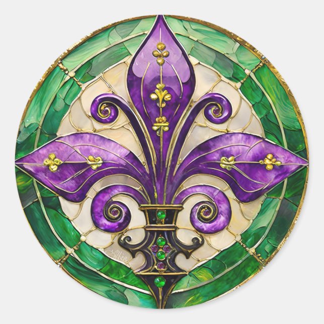 Mardi Gras Stains Glass Lilie Runder Aufkleber (Vorderseite)