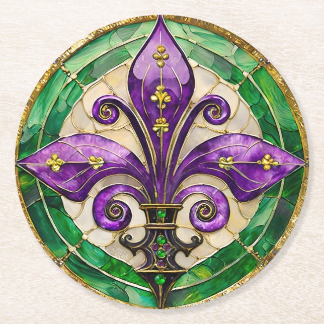 Mardi Gras Stains Glass Lilie Runder Pappuntersetzer (Vorderseite)