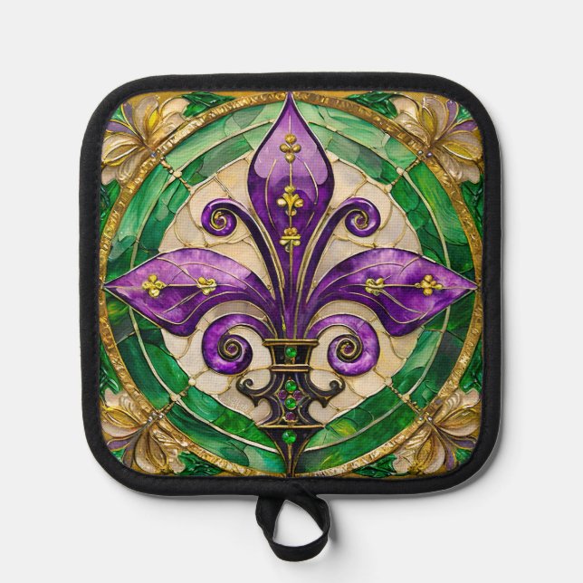Mardi Gras Stains Glass Lilie Topflappen (Vorderseite)