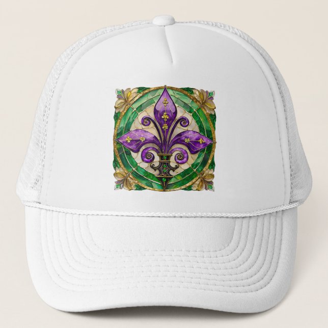Mardi Gras Stains Glass Lilie Truckerkappe (Vorderseite)