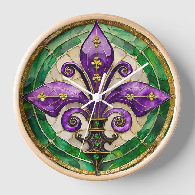 Mardi Gras Stains Glass Lilie Uhr (Vorderseite)