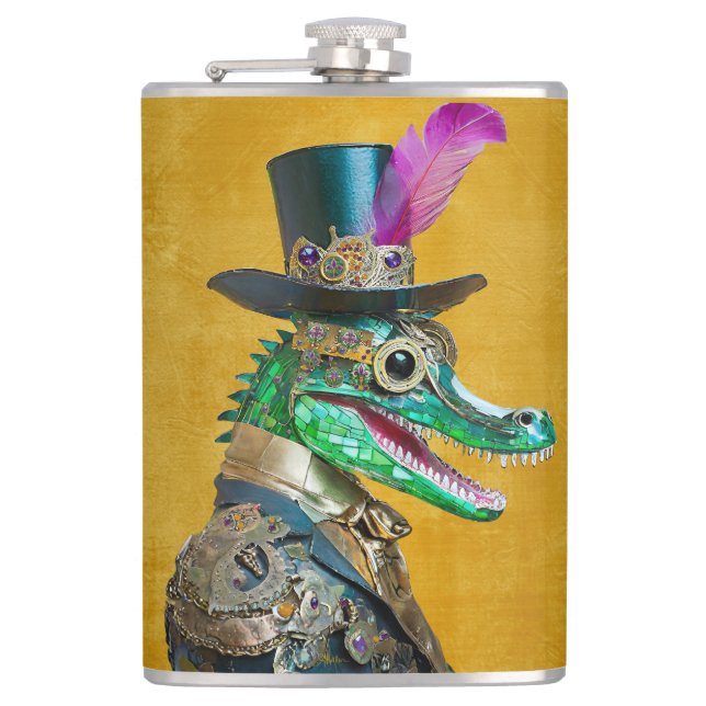Mardi Gras Steampunk Party Animal Alligator Flachmann (Vorderseite)