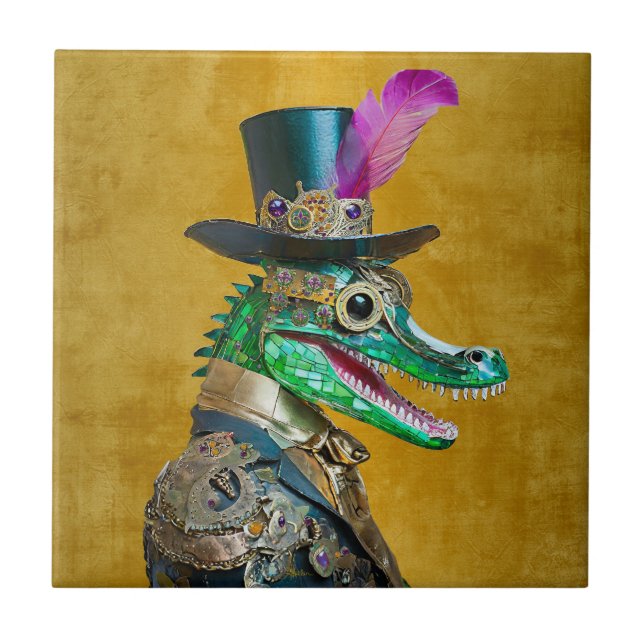 Mardi Gras Steampunk Party Animal Alligator Fliese (Vorderseite)
