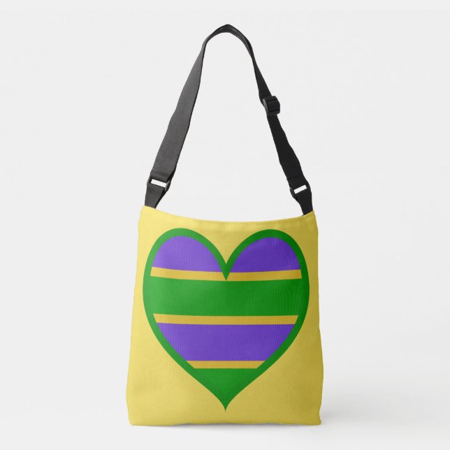Mardi Gras Striped Heart Tragetaschen Mit Langen Trägern (Vorderseite)