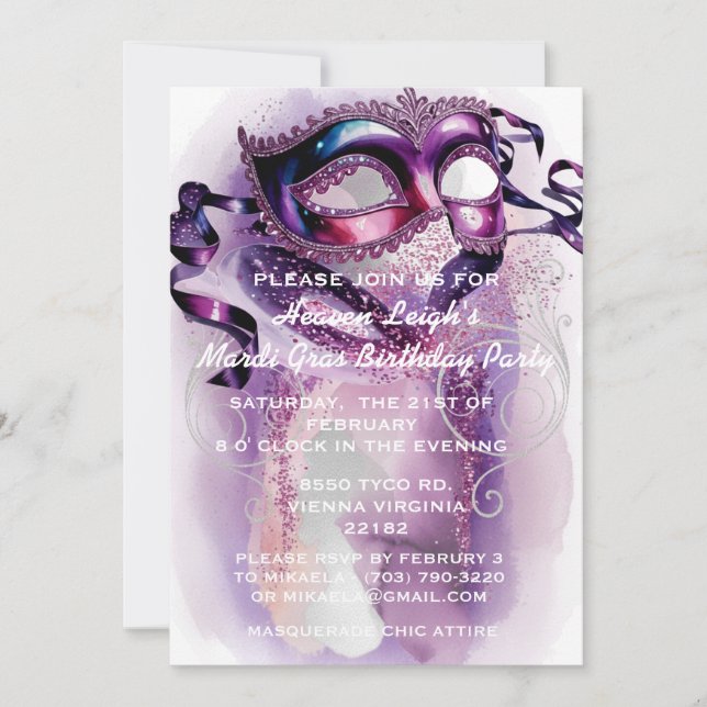 Mardi Gras Sweet 16 Masquerade Birthday Invitation (Vorderseite)