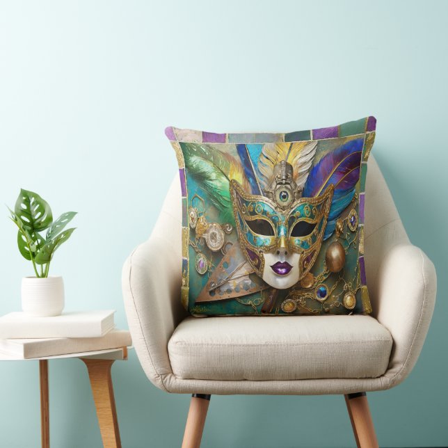 Mardi Gras Third Eye Gold Keramik Feather Mask Kissen (Stuhl )