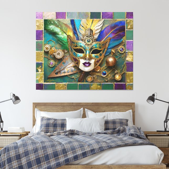 Mardi Gras Third Eye Gold Keramik Feather Mask Leinwanddruck (Insitu (Schlafzimmer))