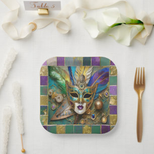 Mardi Gras Third Eye Gold Keramik Feather Mask Pappteller