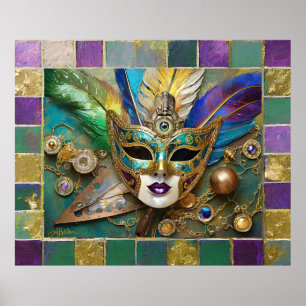 Mardi Gras Third Eye Gold Keramik Feather Mask Poster
