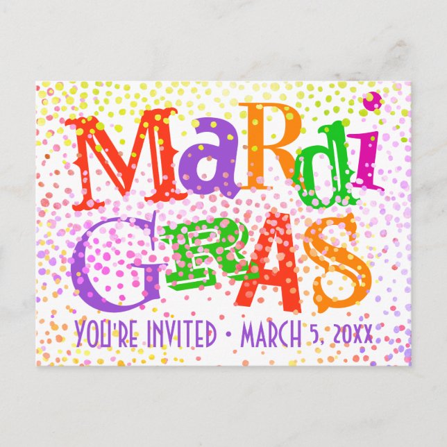 Mardi Gras Typografy Party Einladungspostkarte (Vorderseite)