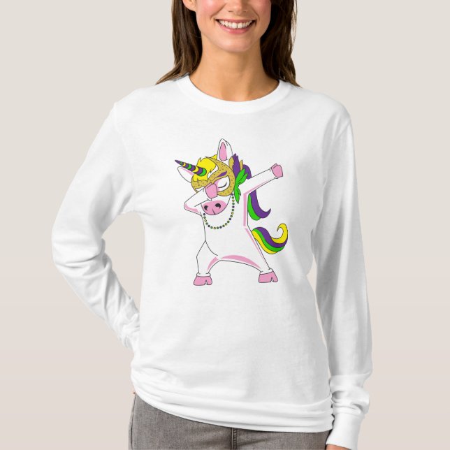 Mardi Gras Unicorn Dabbing Lila rosa Gelb T-Shirt (Vorderseite)