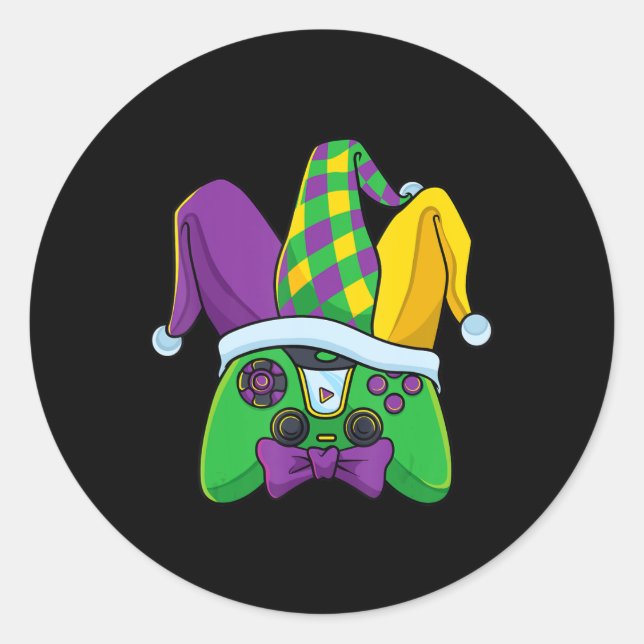 Mardi Gras Video Game Controller Jester Hat Costum Runder Aufkleber (Vorderseite)