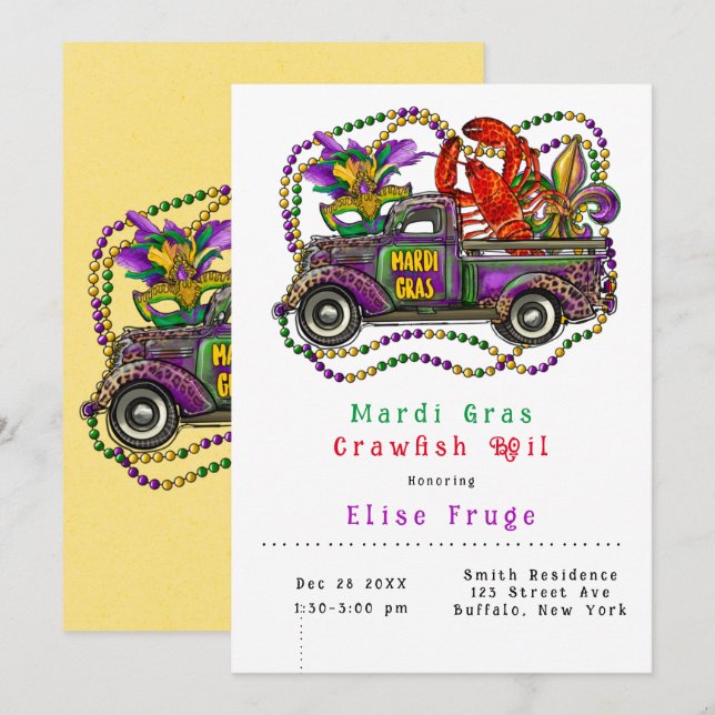 Mardi Gras Vintag Truck Krakfisch Einladung (Vorne/Hinten)