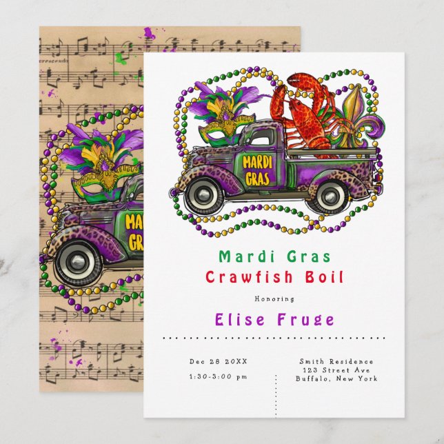 Mardi Gras Vintag Truck Krakfisch Einladung (Vorne/Hinten)