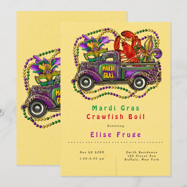 Mardi Gras Vintag Truck Krakfisch Koil Einladung (Vorne/Hinten)