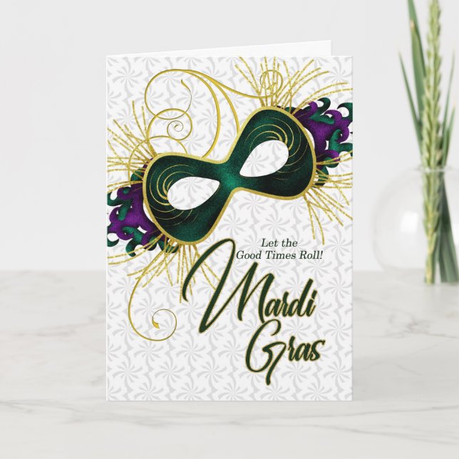 Mardi Gras Violet Gold und grüne Maske Karte (Vorderseite)
