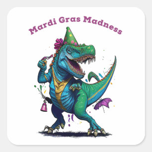 Mardi Gras Wahnsinn T Rex Dinosaurier Perlen Mardi Quadratischer Aufkleber