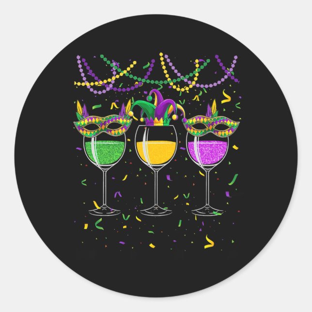 Mardi Gras Wine Glasses Mask Beads Jester Hat Runder Aufkleber (Vorderseite)
