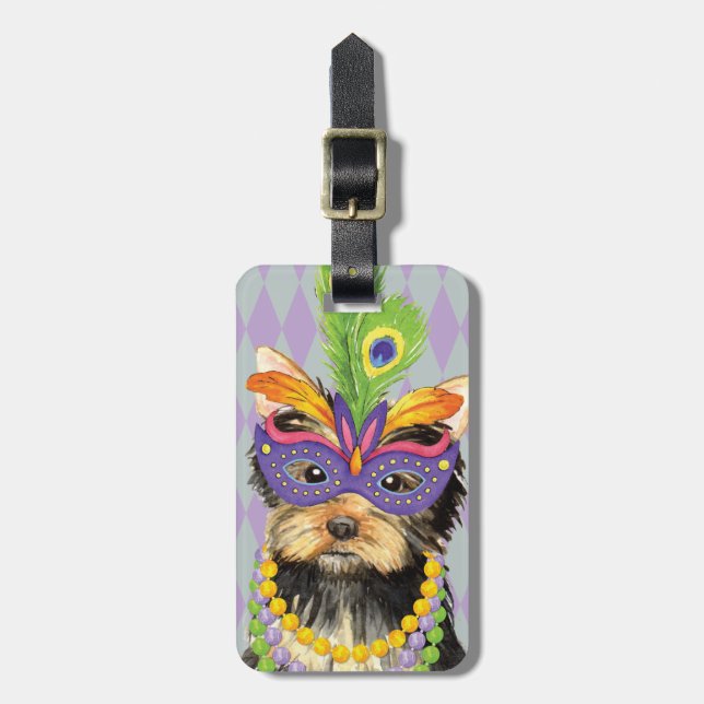 Mardi Gras Yorkie Gepäckanhänger (Vorderseite vertikal)