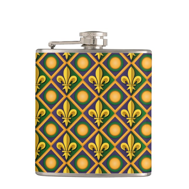 Mardi-Grasmuster mit goldenem Fleur-de-lis Flachmann (Vorderseite)