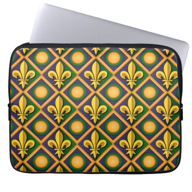 Mardi-Grasmuster mit goldenem Fleur-de-lis Laptopschutzhülle (Vorderseite)