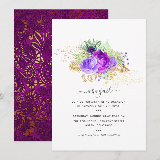 Mardi GrasTropical Peacock Geburtstagsparty Einlad Einladung (Vorne/Hinten)