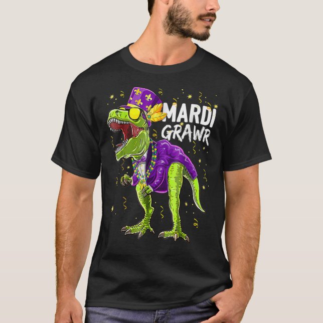Mardi Grawr Rex Dinosaur Mardi Gras Bead Costume K T-Shirt (Vorderseite)