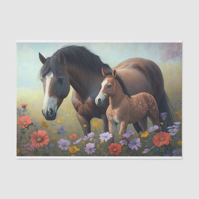 Mare and Foal in a Field of Blume Decoupage Seidenpapier (Vorderseite)