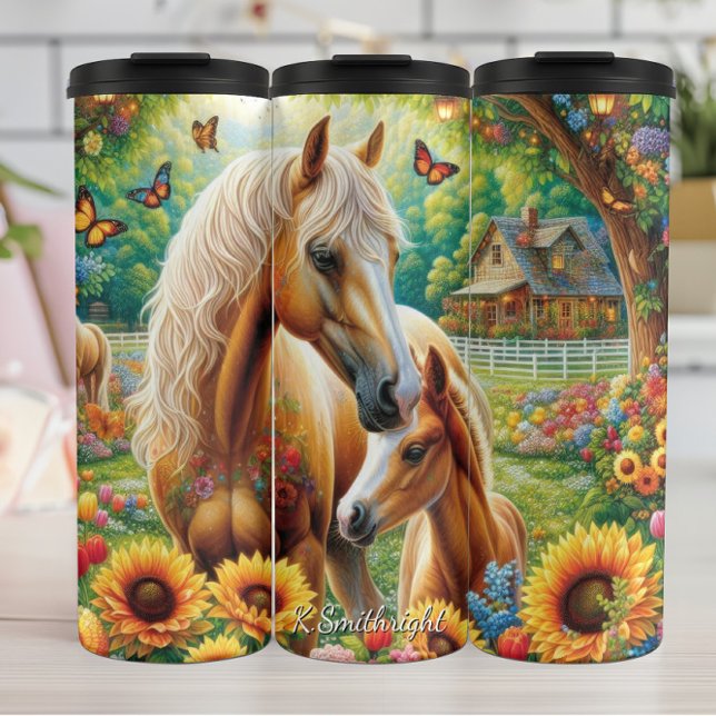 Mare Foal Butterfly Flower Garden Thermosbecher (Von Creator hochgeladen)