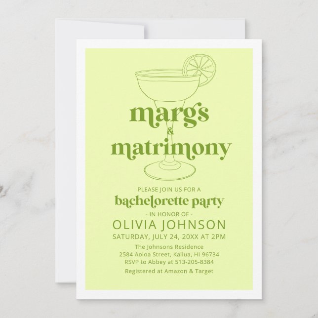 Margarita Margs & Matrimone Cocktail Bachelorette Einladung (Vorderseite)