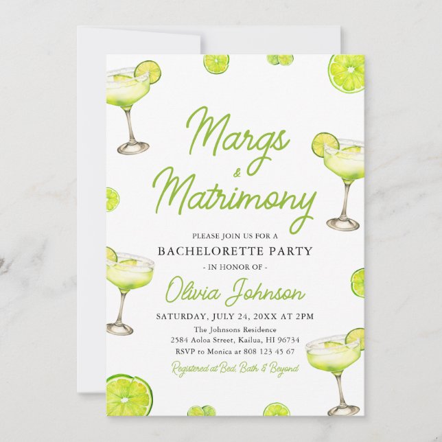 Margarita Margs & Matrimone Cocktail Bachelorette Einladung (Vorderseite)