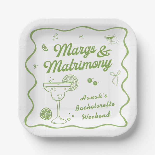 Margarita und Matrimony Bachelorette Pappteller (Vorderseite)