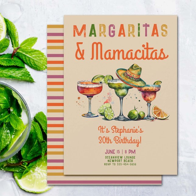 Margaritas Mamacitas Colorful Fiesta 30. Geburtsta Einladung (margaritas mamacitas 30th birthday party invitation fiesta theme cocktails colorful watercolor)