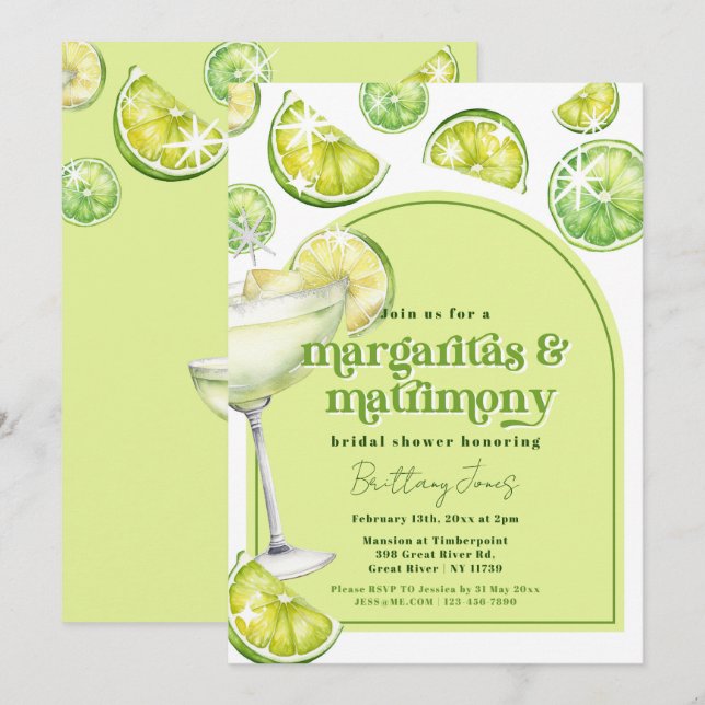 Margaritas & Matrimony Green Groovy Brautparty Einladung (Vorne/Hinten)