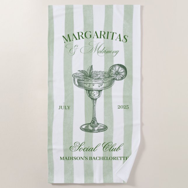 Margaritas und Matrimone Striped Bachelorette Strandtuch (Vorderseite)