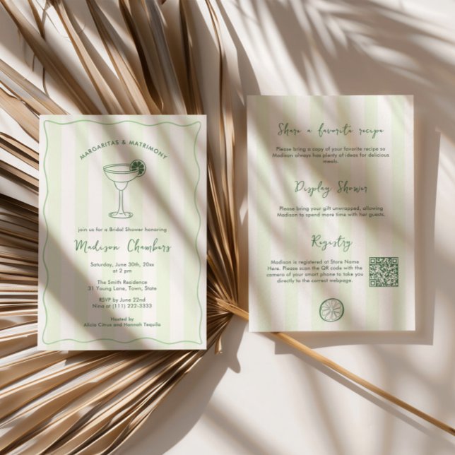 Margaritas und Matrimony handGezeichnet Brautparty Einladung (Double sided trendy handwritten font Margaritas and Matrimony bridal shower invitation with QR code)