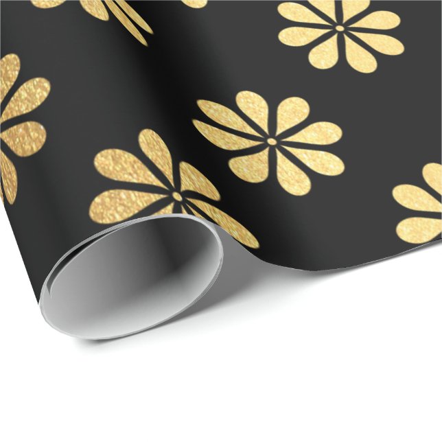 Margerite Blume Gold Petals Black Elegante Geschenkpapier (Rolleneckpunkt)