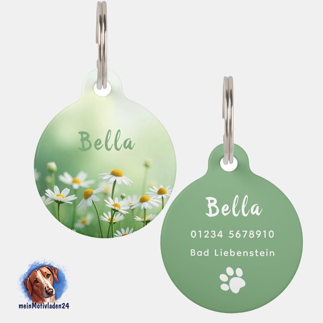Margeriten Wiese | personalisierbare Hundemarke Haustiermarke (Personalisierbare Haustiermarke mit Blumenwiese - Margeriten, Rückseite mit Text personalisierbar)