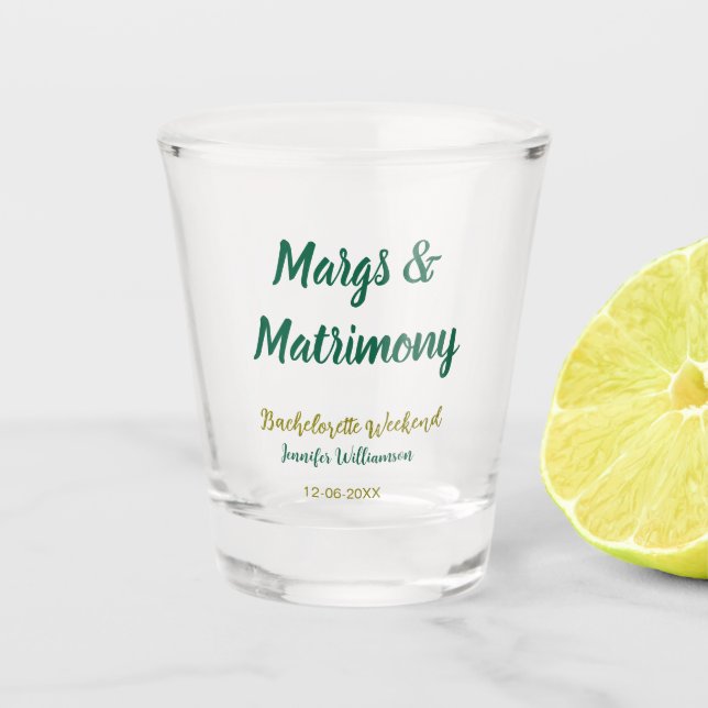 Margs and matrimony add name date bachelorette par schnapsglas (Vorderseite)
