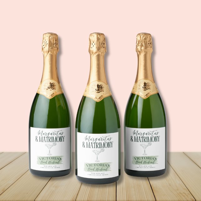 Margs and Matrimony Bachelorette Einladung (Fiesta-themed champagne label with green accents – perfect for a bubbly bridal celebration!)