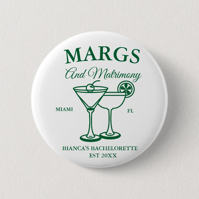 Margs and Matrimony Beach Junggeselinnen-Abschied Button (Vorderseite)