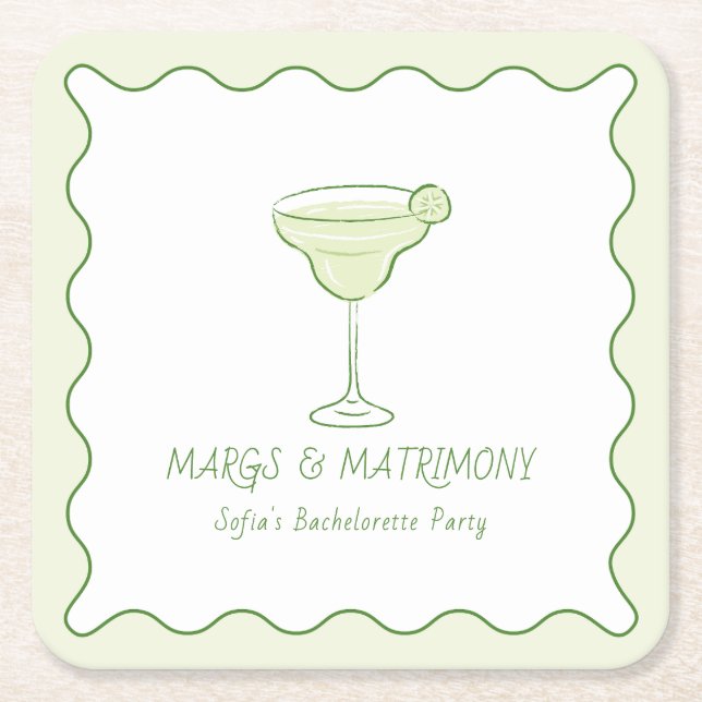"Margs & Matrimony" Moderner Limoner Junggeselinne Rechteckiger Pappuntersetzer (Vorderseite)